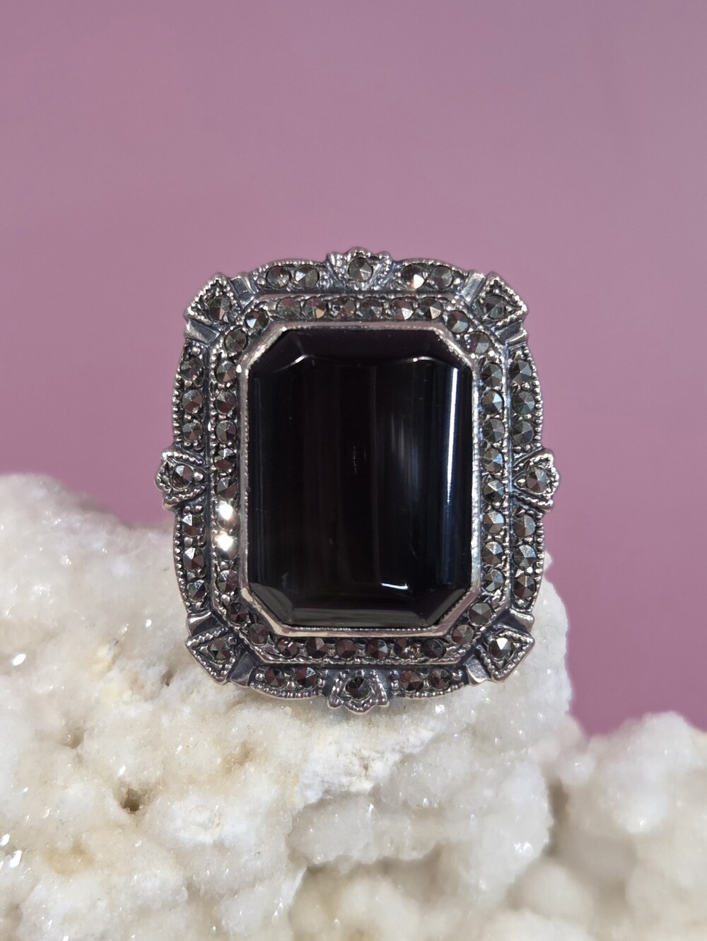 Genuine Vintage Black Onyx & Marcasite Art Deco Sterling Silver Ring (Size 4.75)